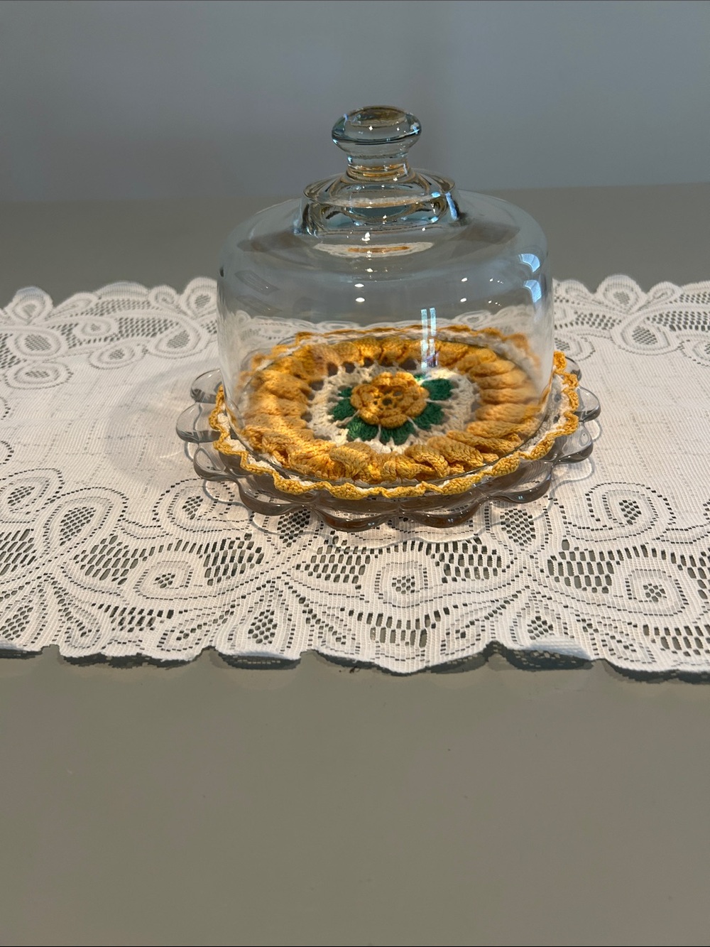 Crystal Cloche with Crystal plate with Yellow Crochet Doily H 7 in dia 8.5 in